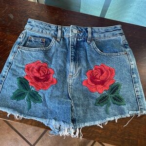 Topshop Blue and Red Jean Shorts with Rose Embroidery